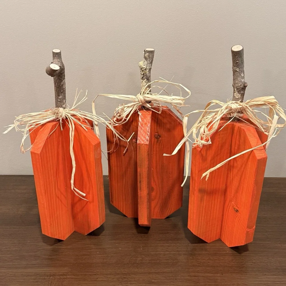 Handmade Wooden Pumpkins Set of 3 Rustic Fall Harvest Farmhouse Decor Orange